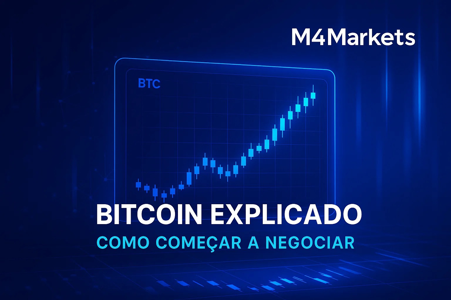 Imagem futurista de negociação de Bitcoin, com um gráfico de velas em alta e o texto "Como Começar a Negociar" no centro.