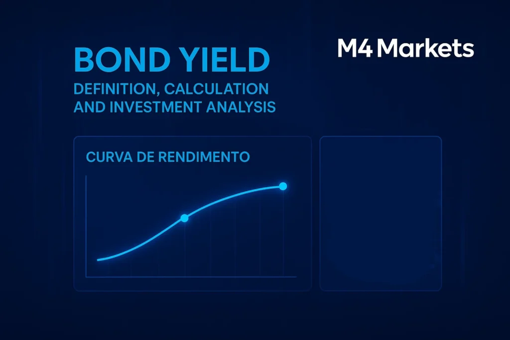 Ilustração de análise financeira mostrando o cálculo do rendimento de títulos e a curva de rendimento em azul neon, simbolizando estabilidade e expertise em investimentos.