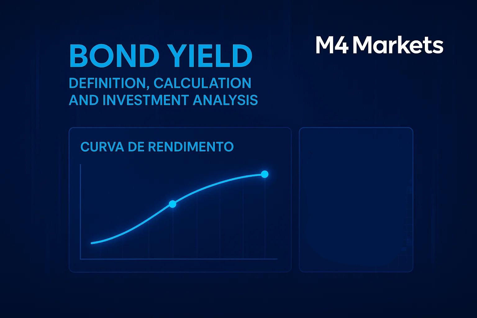 Ilustração de análise financeira mostrando o cálculo do rendimento de títulos e a curva de rendimento em azul neon, simbolizando estabilidade e expertise em investimentos.