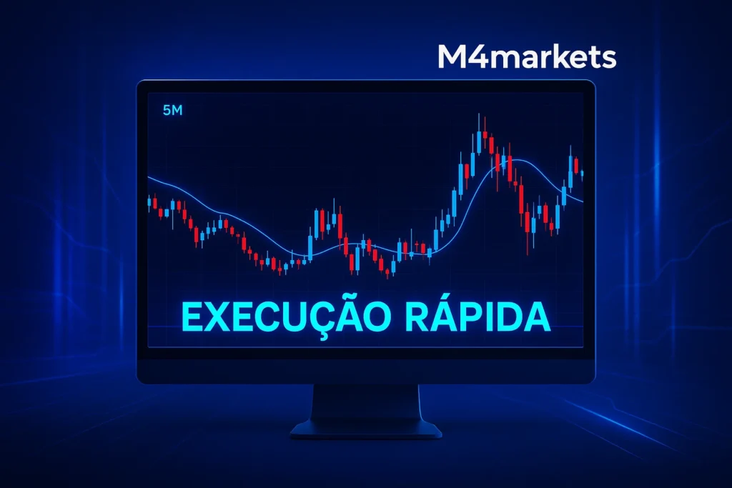 Imagem futurista com gráfico de 5 minutos e texto 'EXECUÇÃO RÁPIDA' destacando a velocidade e precisão do Day Trading.