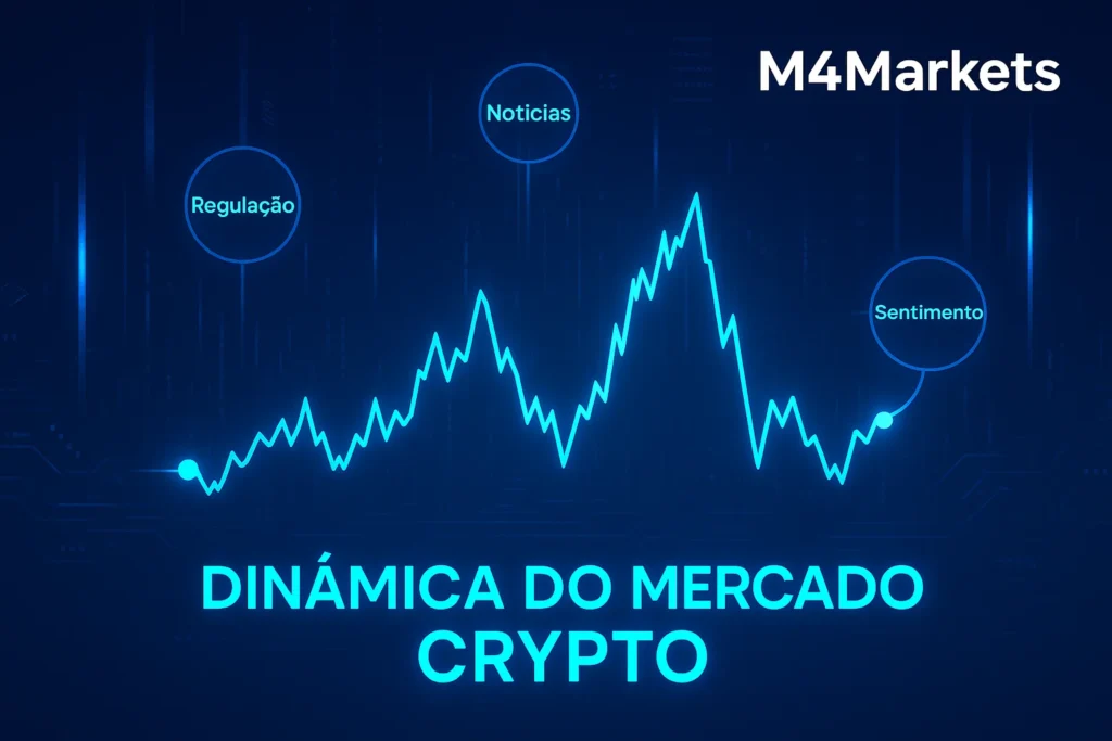 Imagem que representa a dinâmica volátil do mercado de criptomoedas, com fatores externos (regulação, notícias) influenciando um gráfico de preços.
