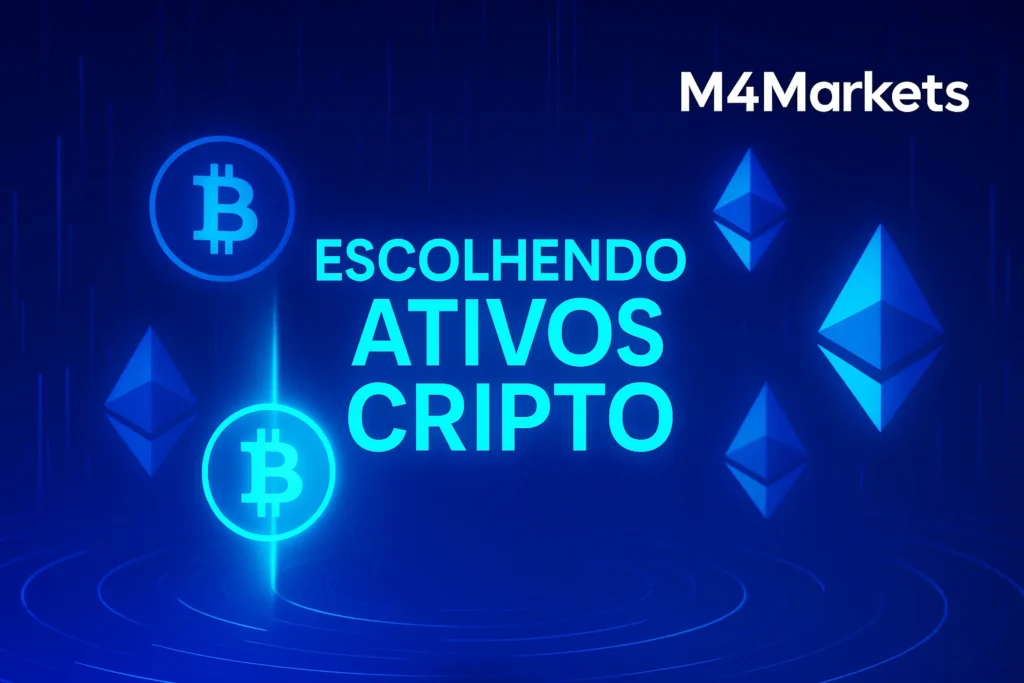 Símbolos de criptomoedas flutuando, com um sendo destacado por um feixe de luz, representando a escolha de ativos.