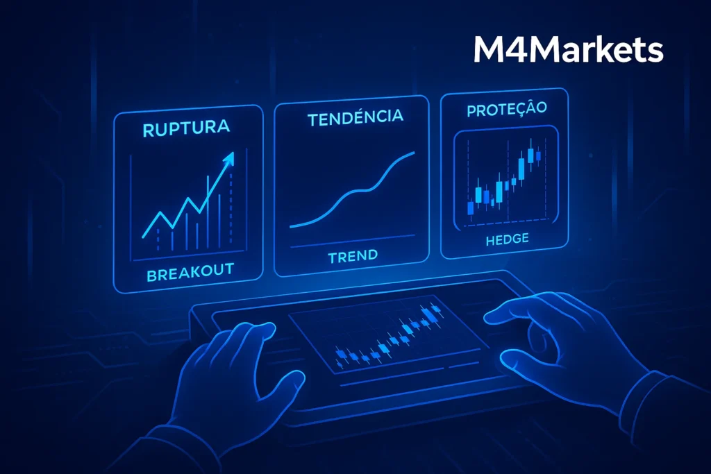 Representação digital de uma consola de trading com ecrãs que exibem as estratégias de Ruptura, Tendência e Hedge para o IPC.