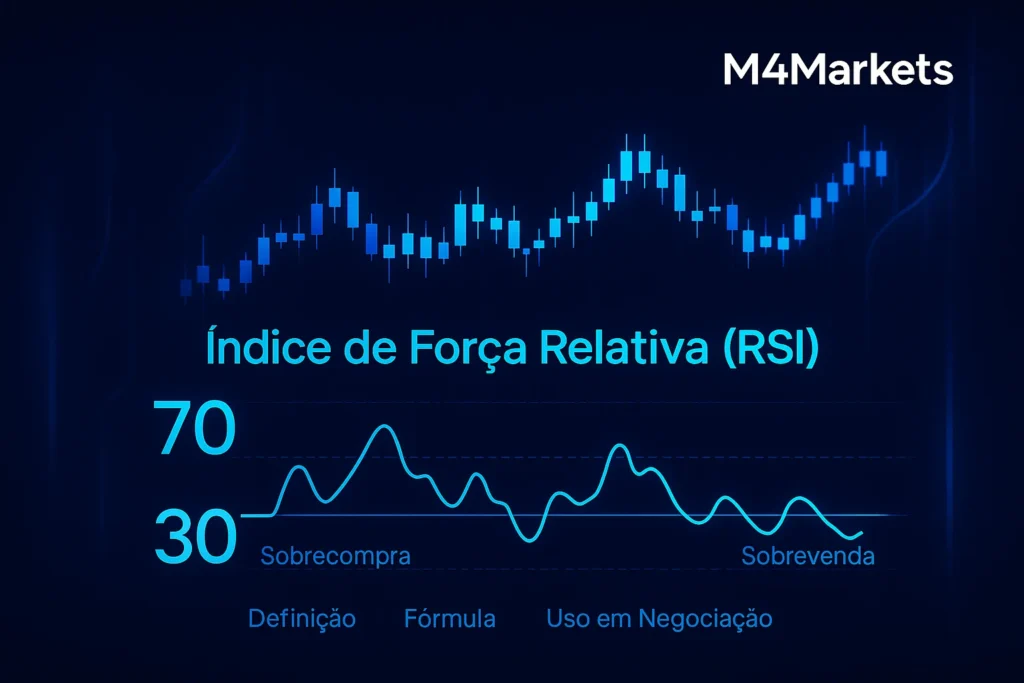 Representação visual futurista do indicador RSI (Relative Strength Index) com níveis 70 e 30, destacando a fórmula e o uso em negociação.