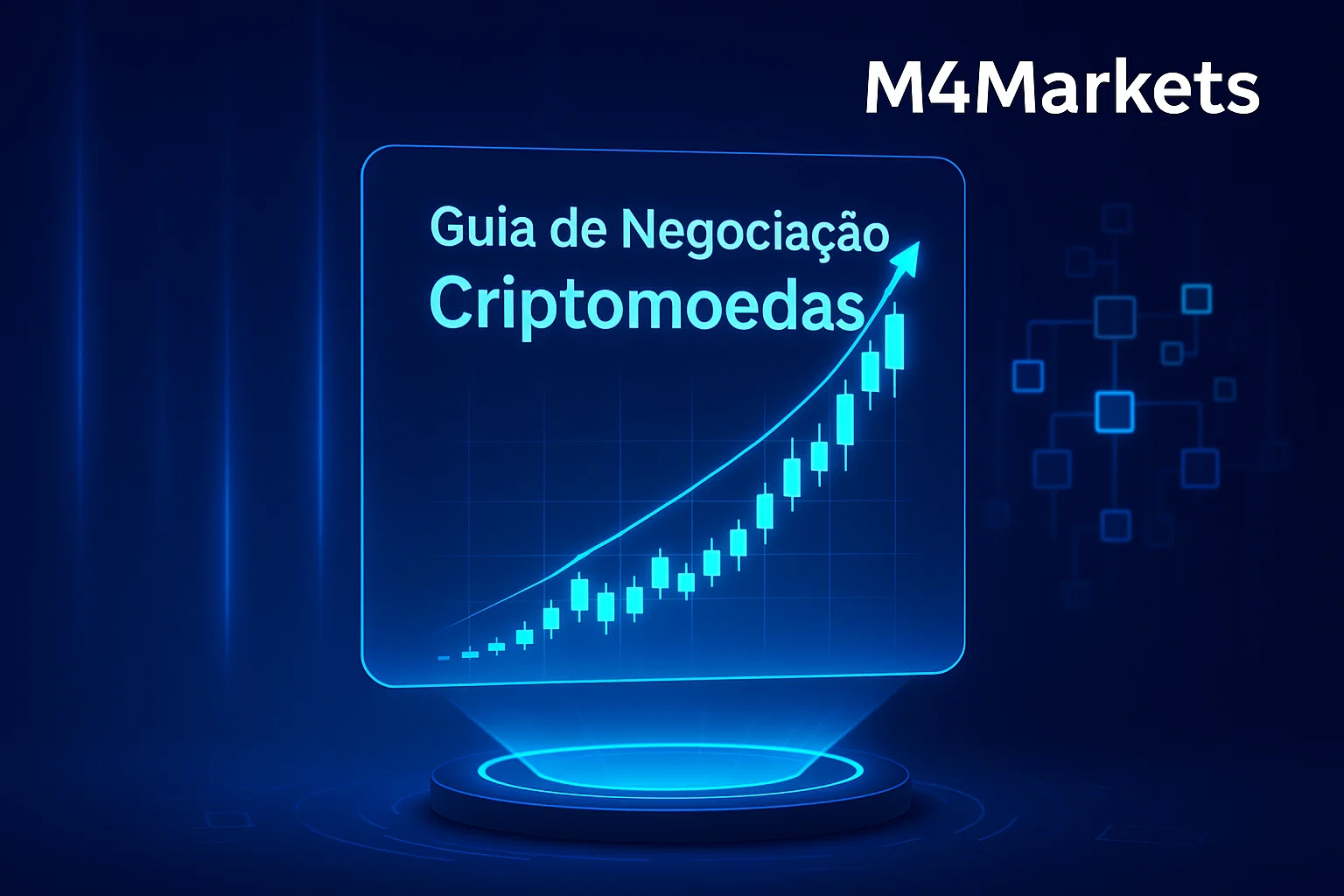 Imagem futurista de um gráfico de criptomoedas em alta, com o título do guia em Português, refletindo sucesso e tecnologia financeira.