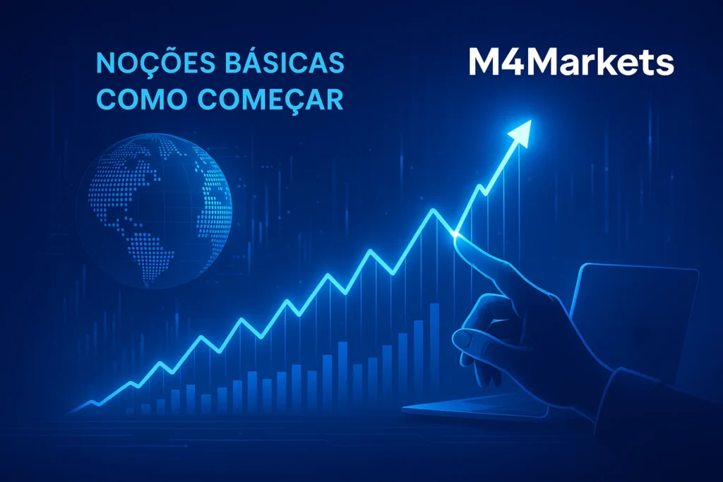 Imagem digital futurista em tons de azul profundo e néon, destacando o gráfico de índices em crescimento com o texto "Negociação de Índices: Noções Básicas".