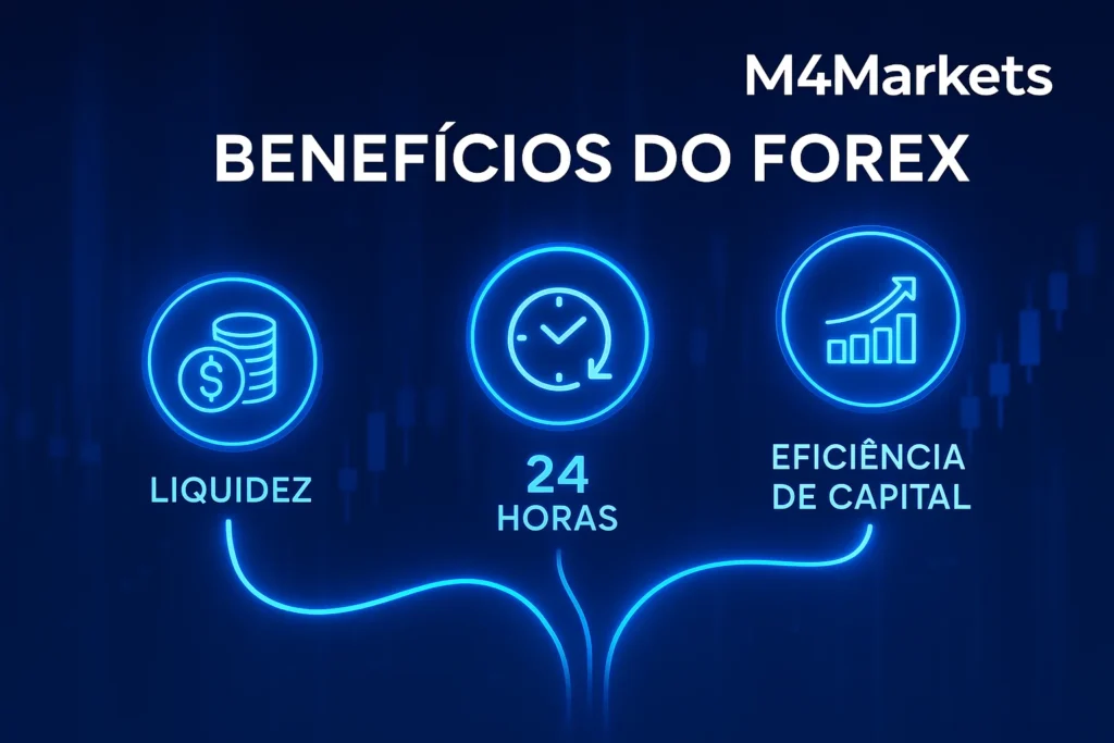 Gráfico abstrato e profissional que destaca os principais benefícios da negociação Forex, como liquidez e negociação 24 horas.