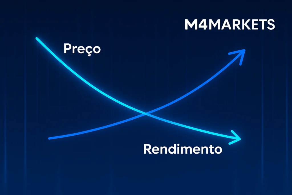 Gráfico dinâmico em azul neon mostrando duas linhas com correlação inversa, representando o Preço e o Rendimento de Títulos.