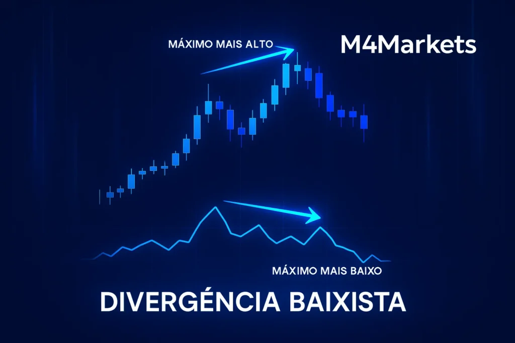 Ilustração futurista de um gráfico de negociação destacando uma divergência de baixa entre o preço e o RSI.