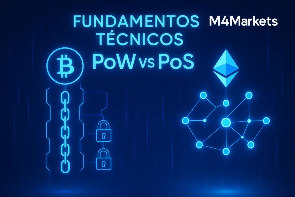 Visualização high-tech dos fundamentos técnicos de ambas as redes, com foco nos mecanismos de consenso PoS e PoW.