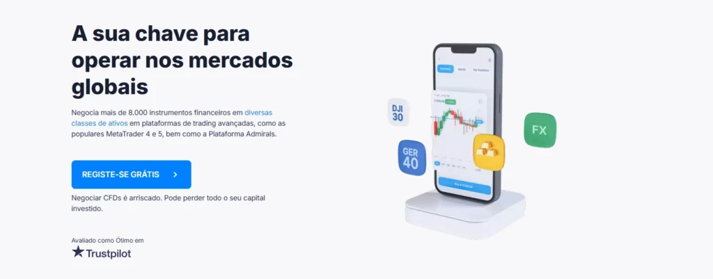 Representação da Admirals, focada na oferta educacional e em soluções robustas para negociação de CFDs globais.