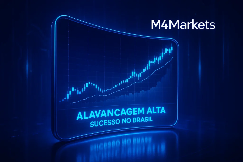 Imagem de negociação futurista em azul neon, destacando o sucesso e o uso de alta alavancagem para traders no Brasil.