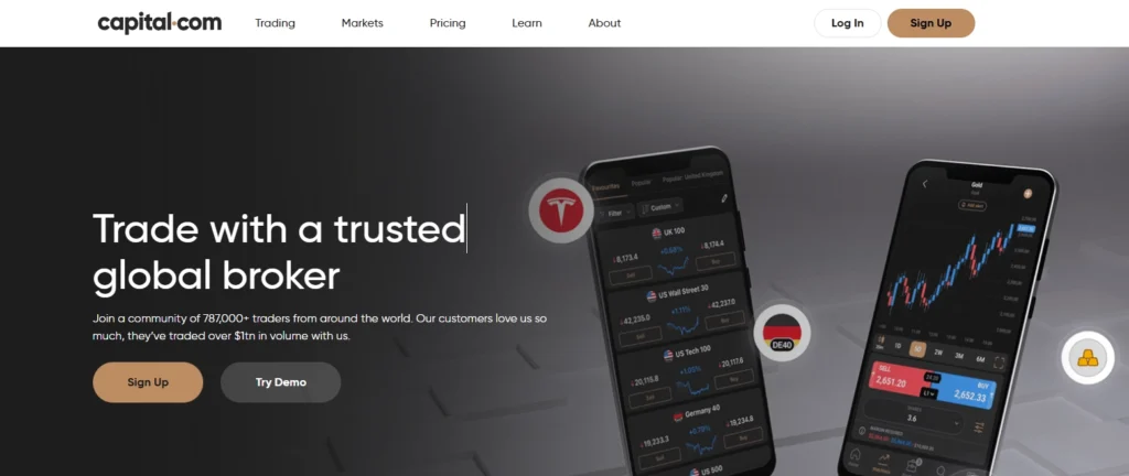 Design da plataforma Capital.com, ilustrando sua interface amigável e ferramentas de análise baseadas em inteligência artificial.