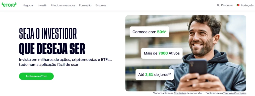  Logotipo da eToro com imagem de fundo de uma interface de Copy Trading, destacando a comunidade de traders.