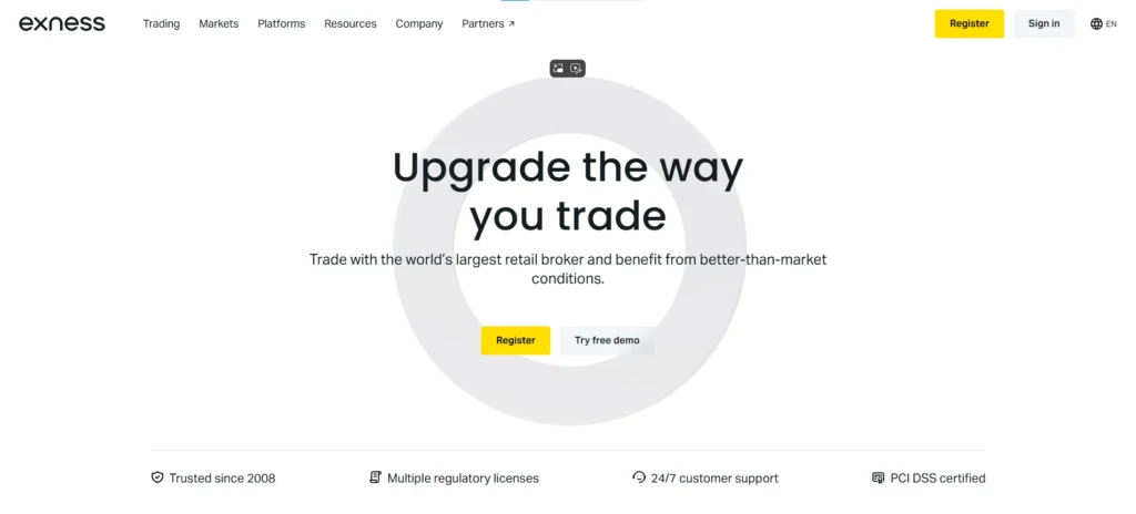 Visualização do painel de contas Exness, destacando a política de retirada instantânea e condições de trading ultracompetitivas.