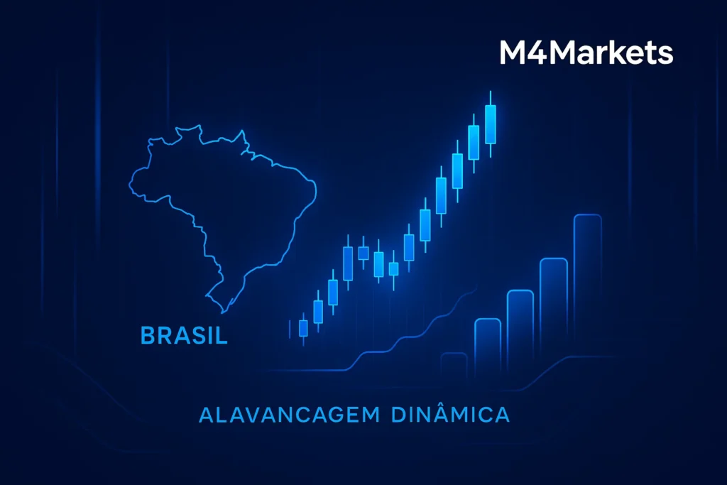 Imagem futurista de negociação financeira no Brasil com gráficos digitais brilhantes. Foco em alavancagem dinâmica e sucesso de mercado.