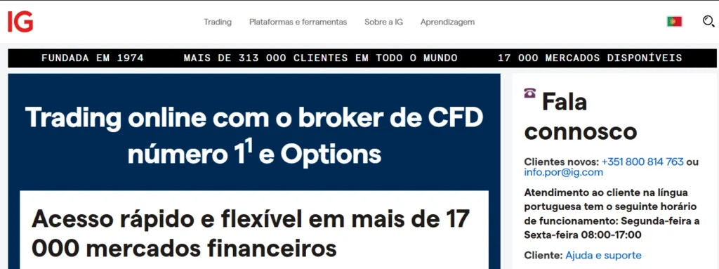 Interface profissional da plataforma IG, demonstrando gráficos avançados e ferramentas de negociação para CFDs de ações.