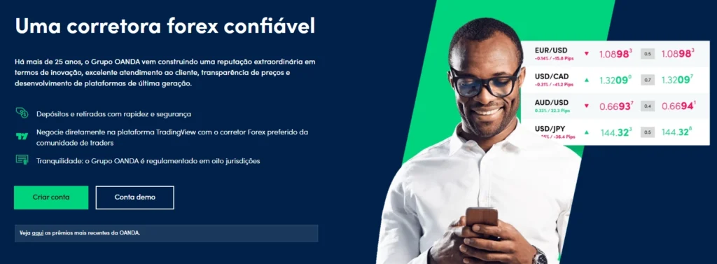  Interface da OANDA com gráficos de preços limpos e dados transparentes, representando a confiabilidade e tecnologia avançada da corretora.