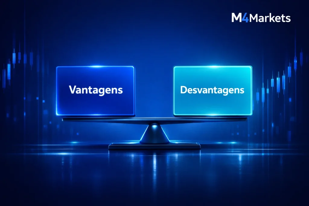 Visualização digital de alta tecnologia mostrando as vantagens e desvantagens da IG com logo M4Markets.