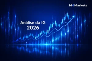 Interface digital de trading da IG com gráficos e logo M4Markets em fundo futurista azul.