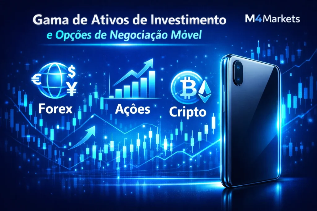 Gama de ativos de investimento e opções de negociação móvel da AvaTrade com gráficos e símbolos financeiros.