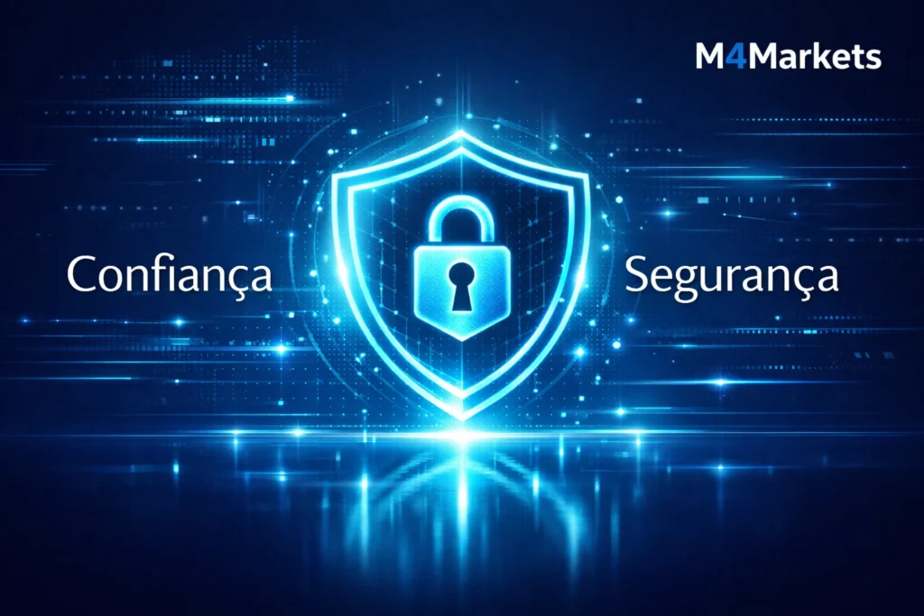 Segurança e confiança da corretora CMC Markets com símbolos de proteção digital e estilo tecnológico.