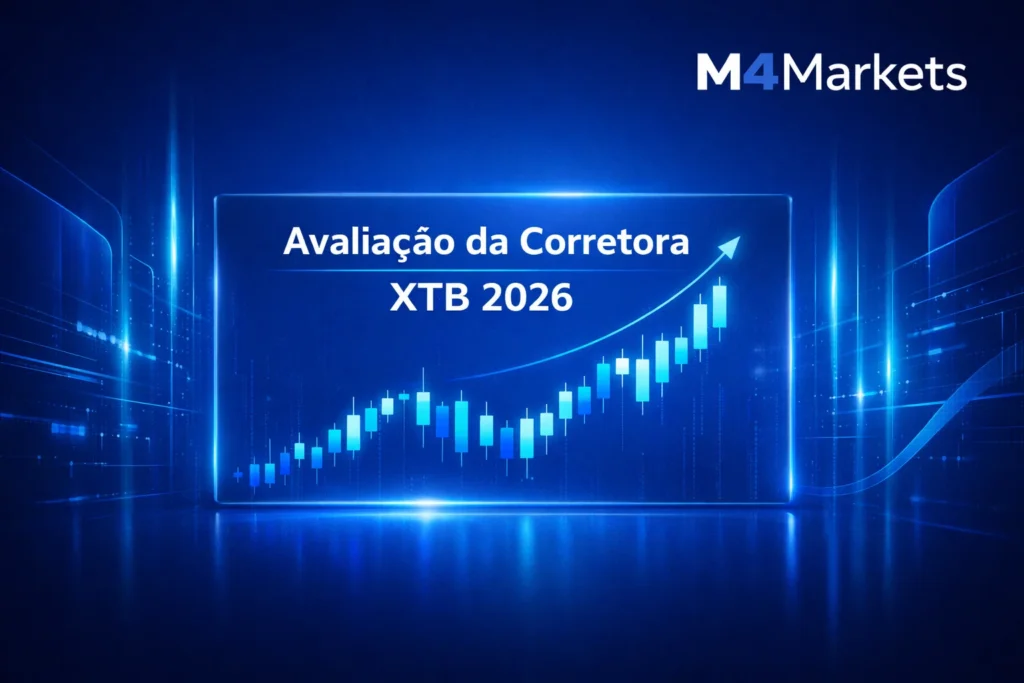 Avaliação da Corretora XTB 2026 para investidores iniciantes com gráficos de crescimento e logo M4Markets com detalhe em azul.