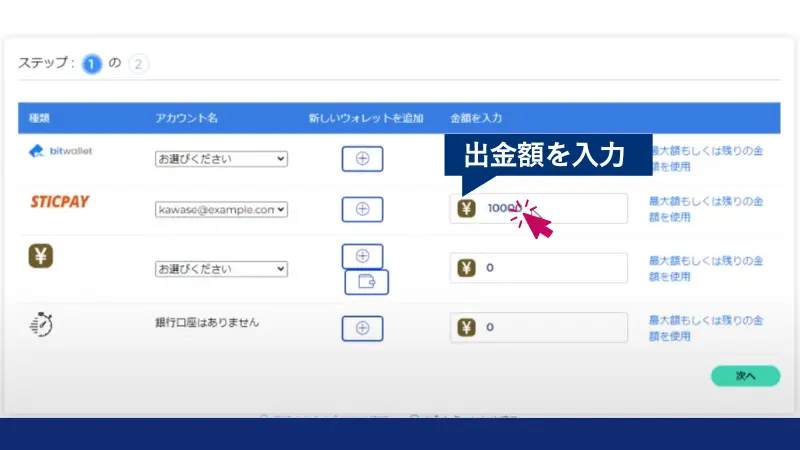 FXGTで出金する金額を入力