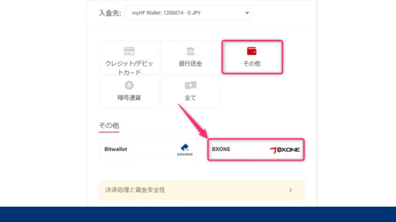 HFMのBXONEで入金する手順3、入金方法から銀行送金を選ぶ
