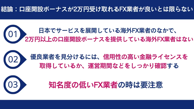 口座開設ボーナスが2万円受け取れるFX業者が良いとは限らない