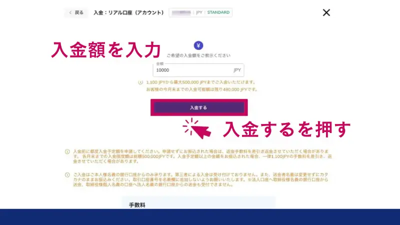 AXIORYで入金額を入力する画面