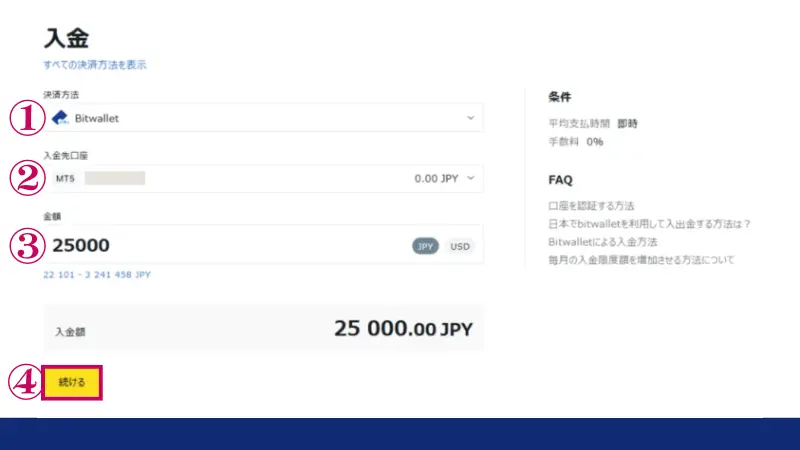 
入金先口座の選択と入金金額の入力