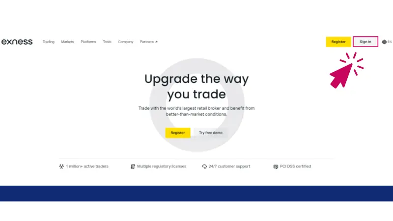 Exnessの公式ホームページにアクセスし、右上の「Sign in」をクリック