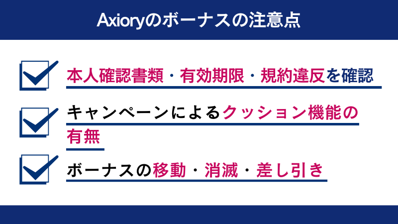 AXIORYのボーナスの注意点には、「本人確認書類・有効期限・規約違反の確認」「キャンペーンによるクッション機能の有無」「ボーナスの移動・消滅・差し引き」などが挙げられる。
