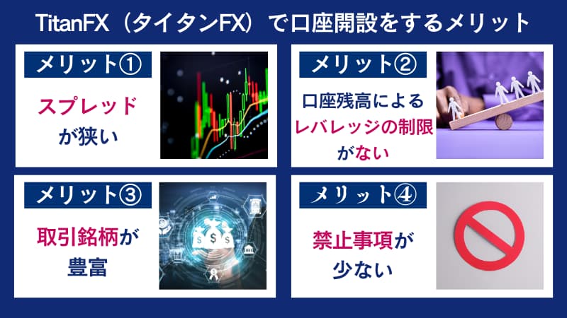 Titanfxで口座開設するメリットはスプレッドが狭い、禁止事項が少ないなど