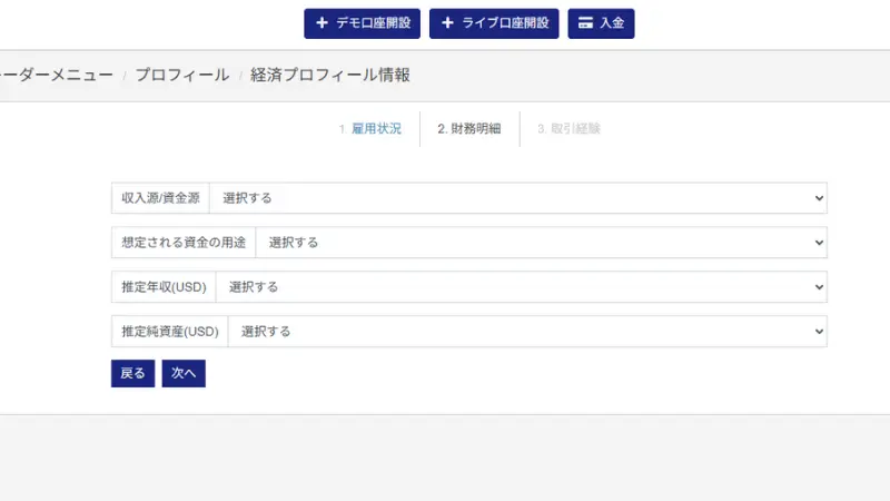 M4Markets経済プロフィール情報の入力、財務明細